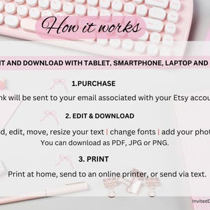 May include: Pink and white keyboard and mouse with a text overlay that says "How it works". The text below explains how to edit and download a printable design using a tablet, smartphone, laptop, or PC. The steps include purchase, edit and download, and print.