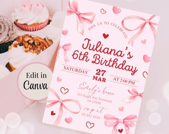 Pink Bow Coquette invites, Girl Pink Birthday Invitation, Girl Coquette Invite, Bow Invitation, Editable Party Invite, Digital Template