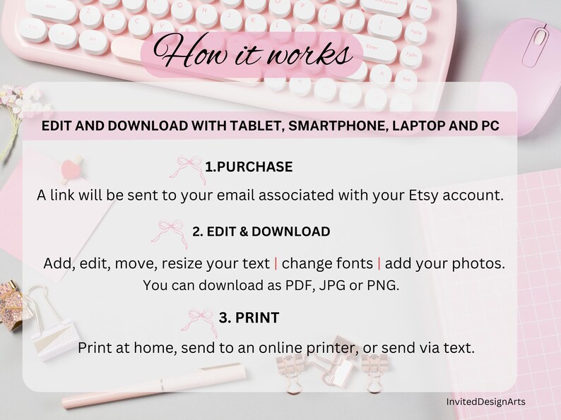 May include: A pink keyboard and mouse with a white background. The text "How it works" is in a pink circle. The text "Edit and download with tablet, smartphone, laptop and PC" is in black text. The text "1. Purchase", "2. Edit & Download", and "3. Print" are in pink text with a pink bow next to each number. The text "A link will be sent to your email associated with your Etsy account." is in black text. The text "Add, edit, move, resize your text | change fonts | add your photos. You can download as PDF, JPG or PNG." is in black text. The text "Print at home, send to an online printer, or send via text." is in black text. The text "InvitedDesignArts" is in black text.