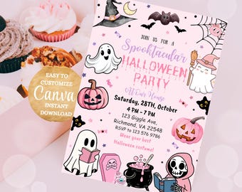 Editable Spooktacular Halloween Party Card October Birthday, Costume Party Invite Halloween Birthday Invitation, Pink Halloween Canva