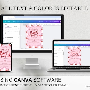 May include: Editable digital invitation template for a first birthday party with a pink and red berry theme. The text reads "Emily's Berry First Birthday".