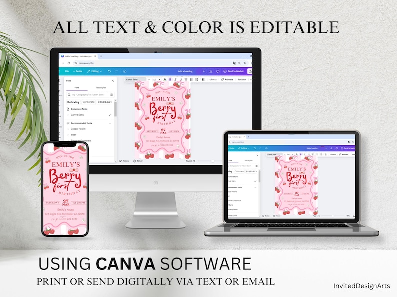 May include: Editable digital invitation template for a first birthday party with a pink and red berry theme. The text reads "Emily's Berry First Birthday".