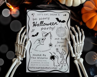 Hand Written Halloween Drinks Party Card Eat Drink Be Scary Halloween Bday Party, Hand Drawn Halloween Party Invitation