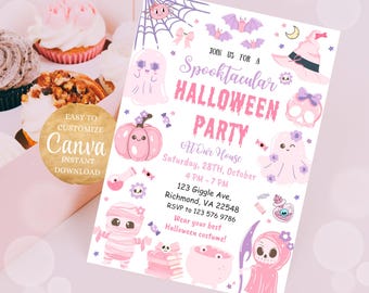 Spooktacular Halloween Bday Party Card October Birthday, Costume Party Invite Halloween Birthday Invitation, Pink Halloween Invitation