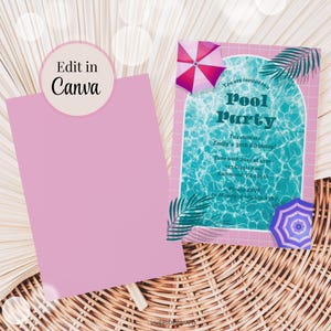 May include: Pink and blue pool party invitation with a graphic of a swimming pool, palm leaves, and an umbrella. The text reads "You are invited to a Pool Party To celebrate Emily's 30th Birthday! June 20th 20xx at 4 pm 123 Giggle Ave, Richmond, VA 22548 Please RSVP to Mandy at 123.456.6789"