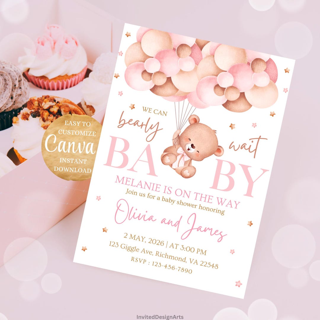 Pink Teddy Bear Hot Air Balloon Clipart Girls Baby Shower Invitation ...