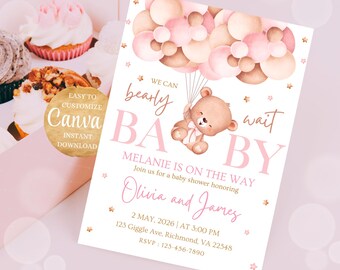Invitación para baby shower de niñas con globo aerostático y oso de peluche rosa, clipart de osito de peluche lindo, invitación para baby shower de "Podemos esperar".