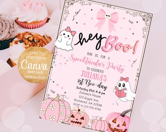 Editable Spooktacular Halloween Party Card October Birthday, Costume Party Invite Halloween Birthday Invitation, Pink Halloween Invitation
