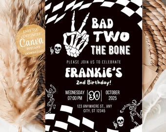 Bad To the Bone Turning 2 Skeleton Birthday Party Invite, Pink 2nd Birthday Theme Party Invites, Skull Skeleton Themed Bad 2 The Bone Invite