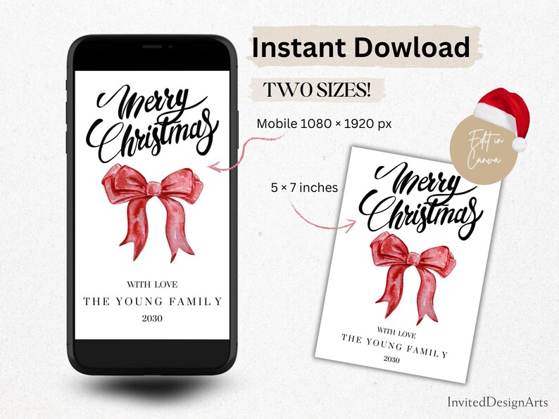 May include: A digital Christmas card design featuring the text "Merry Christmas" in elegant script above a watercolor red bow. The card is displayed on a smartphone and a 5 x 7 inch print, with the text "With Love, The Young Family, 2030".