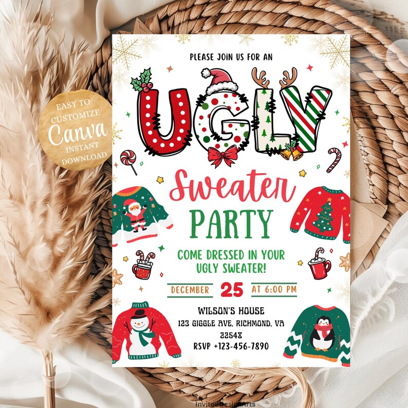 Pu&ograve; includere: Un invito festivo per una festa di maglioni brutti. Il design presenta la parola "UGLY" in un carattere giocoso con decorazioni a tema festivo. L'invito include i dettagli dell'evento, come la data, l'ora e il luogo.