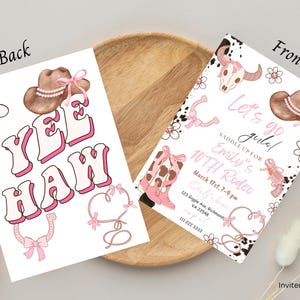 May include: A pink and white invitation with a cowgirl theme. The invitation says "Let's go gal! Saddle up for Emily's 10th Rodeo" with a pink and brown cowboy hat, boots, and a horseshoe.