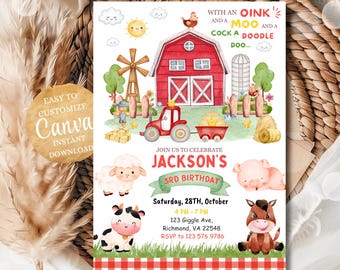 Cock a Doodle Doo Oink Barnyard Red Farm Bday Party Invite, EDITABLE Moo Farm Birthday Invitation, Barn Animals Party Invite Template