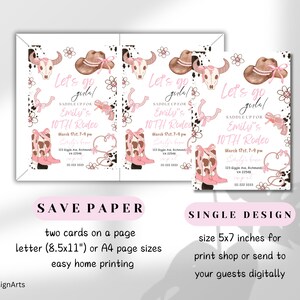 May include: Two pink and white printable invitation cards for a 10th birthday rodeo party. The cards feature a pink and white cowgirl hat, boots, and a lasso. The text on the cards reads "Let's go gulal Saddle Up for Emily's 10th Rodeo".