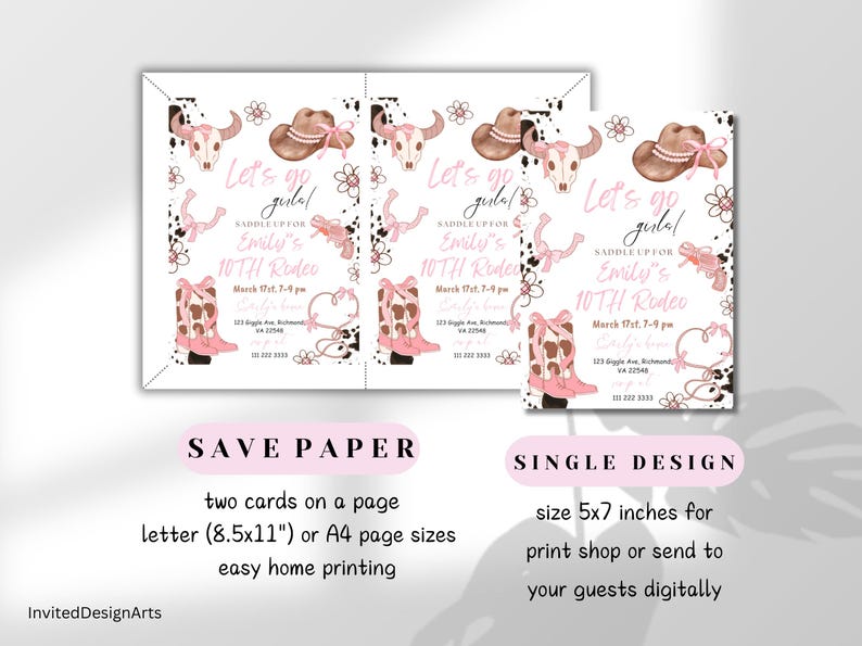 May include: Two pink and white printable invitation cards for a 10th birthday rodeo party. The cards feature a pink and white cowgirl hat, boots, and a lasso. The text on the cards reads "Let's go gulal Saddle Up for Emily's 10th Rodeo".