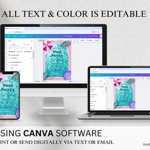 May include: A digital design template for a pool party invitation. The invitation features a turquoise pool with palm leaves and a pink and purple umbrella. The text "Pool Party" is written in a retro font.