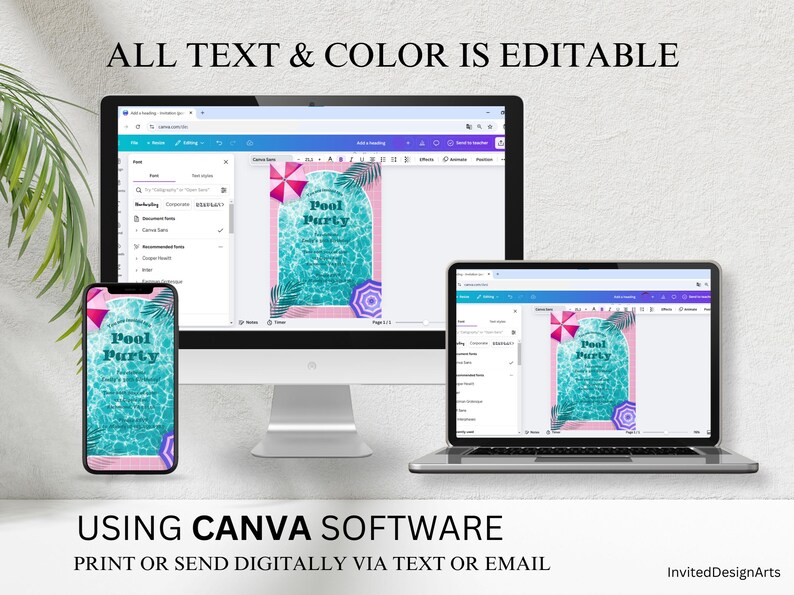 May include: A digital design template for a pool party invitation. The invitation features a turquoise pool with palm leaves and a pink and purple umbrella. The text "Pool Party" is written in a retro font.