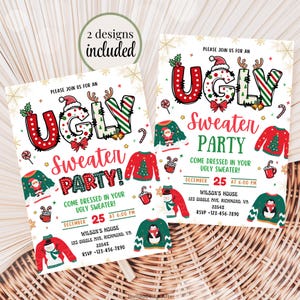 Pu&ograve; includere: Sono mostrati due modelli di invito per un "Ugly Sweater Party". Gli inviti presentano la parola "UGLY" in caratteri festosi, illustrazioni di maglioni e i dettagli della festa: 25 dicembre alle 18:00.