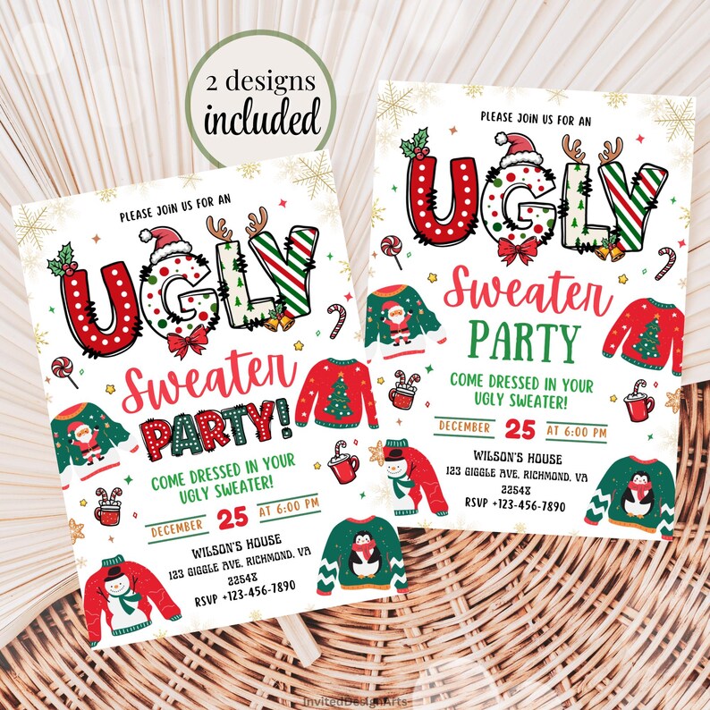 Pu&ograve; includere: Sono mostrati due modelli di invito per un "Ugly Sweater Party". Gli inviti presentano la parola "UGLY" in caratteri festosi, illustrazioni di maglioni e i dettagli della festa: 25 dicembre alle 18:00.