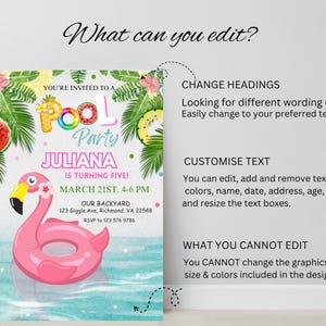 May include: A colorful pool party invitation with a pink flamingo float in a blue pool. The invitation says "You're invited to a Pool Party" and includes the name "Juliana" and the text "is turning five!"  The invitation also includes the date and time of the party, the location, and an RSVP number.