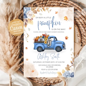 May include: Baby shower invitation featuring a blue pickup truck carrying pumpkins and flowers. The text reads "Oh Boy! A Little Pampkin is on the Way!" with event details and the name Ashley Smith. Includes fall-themed floral accents.