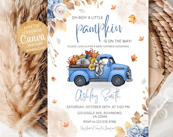 Invitación para baby shower de calabaza azul dulce de Little Blue Truck, invitación para baby shower de otoño de calabaza, invitación para baby shower de otoño, invitación de calabaza en camino