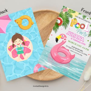 May include: Pool party invitation with a pink flamingo float, palm leaves, and the text "You're invited to a Pool Party Juliana is turning five! March 21st, 4-6 PM Our Backyard 123 Giggle Ave, Richmond, VA 22548 RSVP to 123 576 9766"