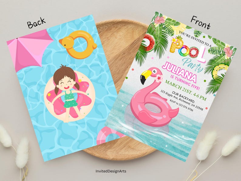 May include: Pool party invitation with a pink flamingo float, palm leaves, and the text "You're invited to a Pool Party Juliana is turning five! March 21st, 4-6 PM Our Backyard 123 Giggle Ave, Richmond, VA 22548 RSVP to 123 576 9766"
