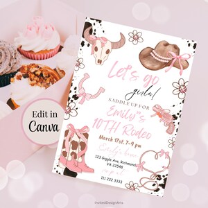 May include: A pink and brown printable invitation for a girl's 10th birthday rodeo party. The invitation features a cow skull, a cowboy hat, a horseshoe, a lasso, and a toy gun. The text on the invitation reads "Let's go girls! Saddle up for Emily's 10th Rodeo. March 17th, 7-9 pm. Emily's house. 123 Giggle Ave, Richmond, VA 22548. 111 222 3333. InvitedDesignArts."