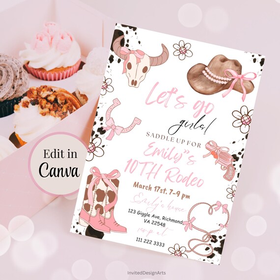 Cowgirl party invite Template, Editable Hot Pink Cowgirl, Disco Rodeo Western Invite, Cowgirl Birthday  Invitation, Rodeo Invitation