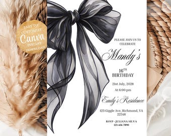 Editable Black Bow Birthday Invitation Minimalist Black Bow Birthday Invite Sweet 16 Bday Party Invite Sweet Sixteen Invite