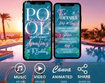 Blue Pool Bday Party Invite, Womens 30th Birthday, Neon BeachTheme Tropical Summer Invite For Teens, Kids, Adults, DIY Canva Template