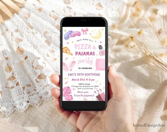 Pj Party Invite Pizza and Popcorn 7th Birthday Invite Movie Night Popcorn and Pajamas Pajama Birthday pajama party invite pizza birthday