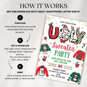Pu&ograve; includere: Un invito festoso per un "Ugly Sweater Party" con la scritta "UGLY Sweater PARTY" in rosso e verde. L'invito include illustrazioni di maglioni, fiocchi di neve e bastoncini di zucchero. La data e l'ora sono visualizzate.