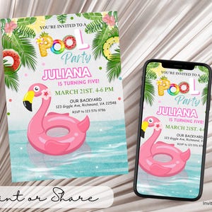 May include: A pink pool party invitation with a flamingo pool float and the text "You're invited to a Pool Party Juliana is turning five! March 21st. 4-6 PM Our Backyard 123 Giggle Ave, Richmond, VA 22548 RSVP to 123 576 9786"