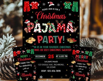 Invito per pigiama party di Natale Invito per pigiama party di Natale Modello per biglietto di Natale Pigiama per pigiama party Biglietto di Natale stampabile per Natale Pigiama per le feste