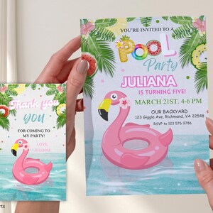 May include: A pink flamingo pool float with a floral headband, surrounded by blue water and tropical leaves. The text "You're invited to a Pool Party Juliana is turning five! March 21st, 4-6 PM Our Backyard 123 Giggle Ave, Richmond, VA 22548 RSVP to 123 576 9786" is printed on the invitation.