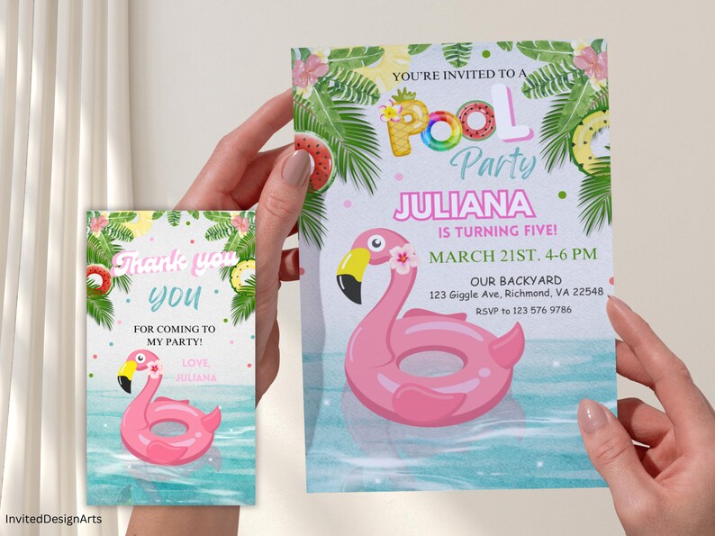 May include: A pink flamingo pool float with a floral headband, surrounded by blue water and tropical leaves. The text "You're invited to a Pool Party Juliana is turning five! March 21st, 4-6 PM Our Backyard 123 Giggle Ave, Richmond, VA 22548 RSVP to 123 576 9786" is printed on the invitation.