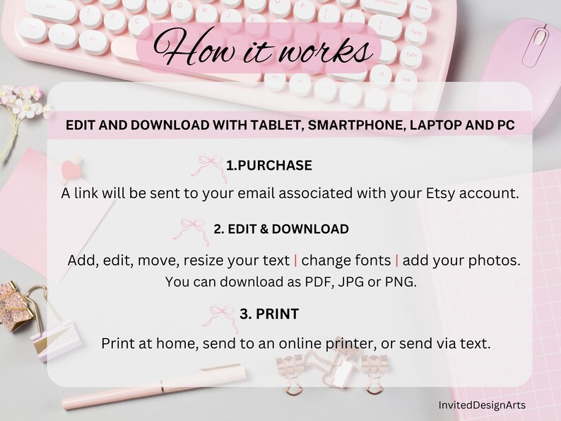 May include: A pink keyboard and mouse with a white background. The text "How it works" is in a pink circle at the top of the image. The text "EDIT AND DOWNLOAD WITH TABLET, SMARTPHONE, LAPTOP AND PC" is in black text on a white background. The text "1. PURCHASE" is in pink text on a white background. The text "A link will be sent to your email associated with your Etsy account." is in black text on a white background. The text "2. EDIT & DOWNLOAD" is in pink text on a white background. The text "Add, edit, move, resize your text | change fonts | add your photos. You can download as PDF, JPG or PNG." is in black text on a white background. The text "3. PRINT" is in pink text on a white background. The text "Print at home, send to an online printer, or send via text." is in black text on a white background. The text "InvitedDesignArts" is in black text on a white background.