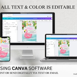 May include: A digital design template for a pool party invitation. The invitation features a pink flamingo pool float, palm trees, and the text "Pool Party" and "Juliana is turning five". The text is editable using Canva software.