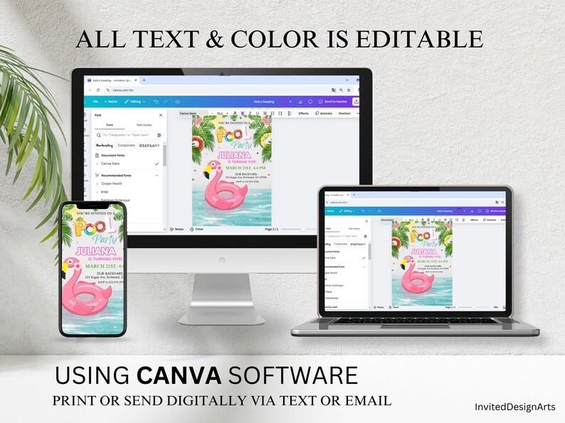 May include: A digital design template for a pool party invitation. The invitation features a pink flamingo pool float, palm trees, and the text "Pool Party" and "Juliana is turning five". The text is editable using Canva software.