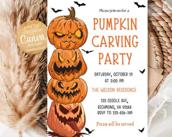 May include: Halloween-themed invitation with stacked orange jack-o'-lanterns and black bats. The text reads "Pumpkin Carving Party" with event details: date, time, location, and RSVP information. The invitation is designed for easy customization.