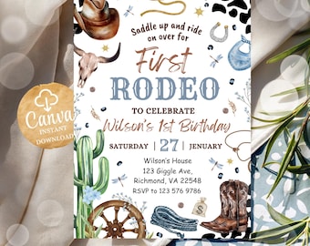 Invitación a fiesta de cumpleaños de vaquero, tarjeta de cumpleaños imprimible, plantilla de invitación para el primer rodeo, fiesta del lejano oeste, invitación para montar a caballo de vaquero