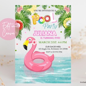 May include: A pink flamingo pool float with a blue and white water background. The invitation reads "You're invited to a Pool Party Juliana is turning five! March 21st, 4-6 PM. Our Backyard 123 Giggle Ave, Richmond, VA 22548 RSVP to 123 576 9786"
