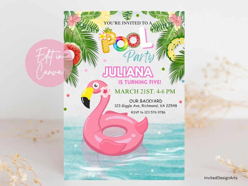 May include: A pink flamingo pool float with a blue and white water background. The invitation reads "You're invited to a Pool Party Juliana is turning five! March 21st, 4-6 PM. Our Backyard 123 Giggle Ave, Richmond, VA 22548 RSVP to 123 576 9786"
