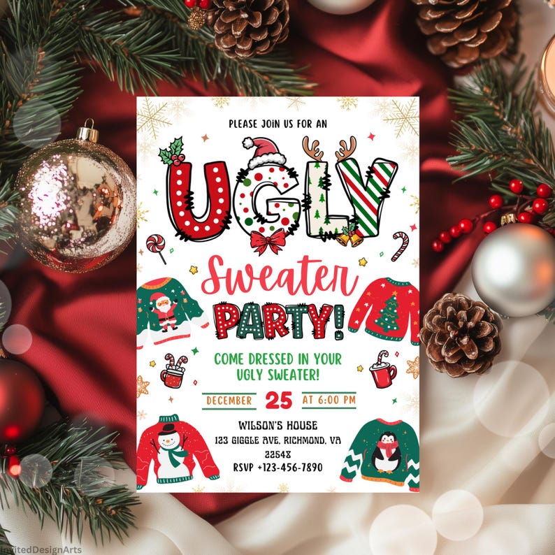 Pu&ograve; includere: Un invito festivo per un Ugly Sweater Party. Il design presenta le parole "Ugly Sweater Party" in un font giocoso, con illustrazioni di maglioni natalizi. L'invito include la data, l'ora e il luogo della festa.