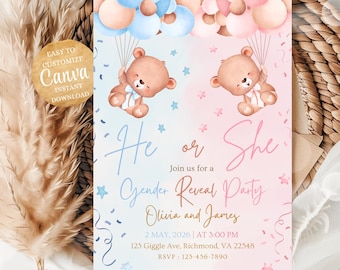 Invitación para revelar el género del bebé: globo aerostático, ideas para revelar el género, lindo osito de peluche, invitación de osito de peluche azul claro y rosa