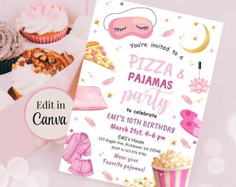 Editable Pizza Bday Party Invite, Pj Party Invite, Movie Night Party Girl Pink Teen Tween Slumber Party Instant Download Invite