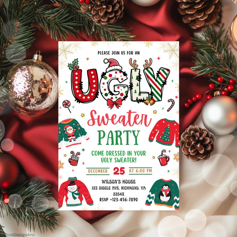 Pu&ograve; includere: Un invito festoso per una festa del maglione brutto. Il design presenta le parole "Ugly Sweater Party" in un carattere giocoso, con illustrazioni di maglioni e decorazioni natalizie. La data e l'ora sono chiaramente indicate.