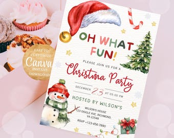 Xmas Card Template Printable Xmas Card Xmas Party Invite Diy Xmas Card Santa Hat Oh What Fun Invite Happy Holiday Cards Canva Christmas Card